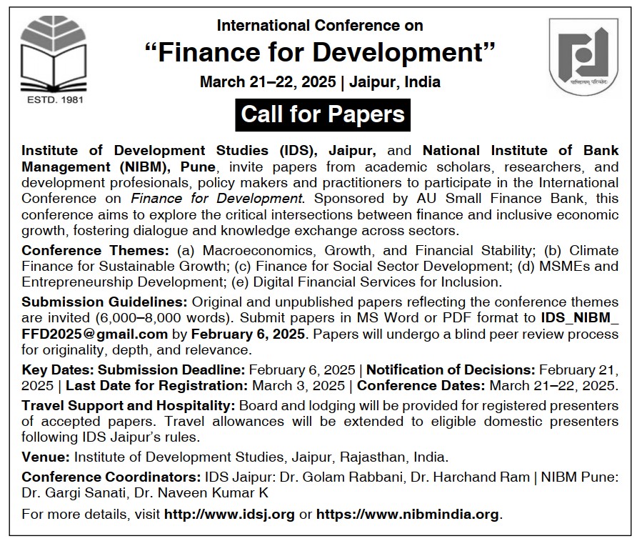 grabbani0's tweet image. 📢 Call for Papers!
Join us for the International Conference on &quot;Finance for Development&quot;
Key Themes: Finance, MSMEs, Growth, Climate, Digital Inclusion &amp;amp; more.
Submit by Feb 6, 2025
#FinanceForDevelopment #ResearchConference #Callforpaper