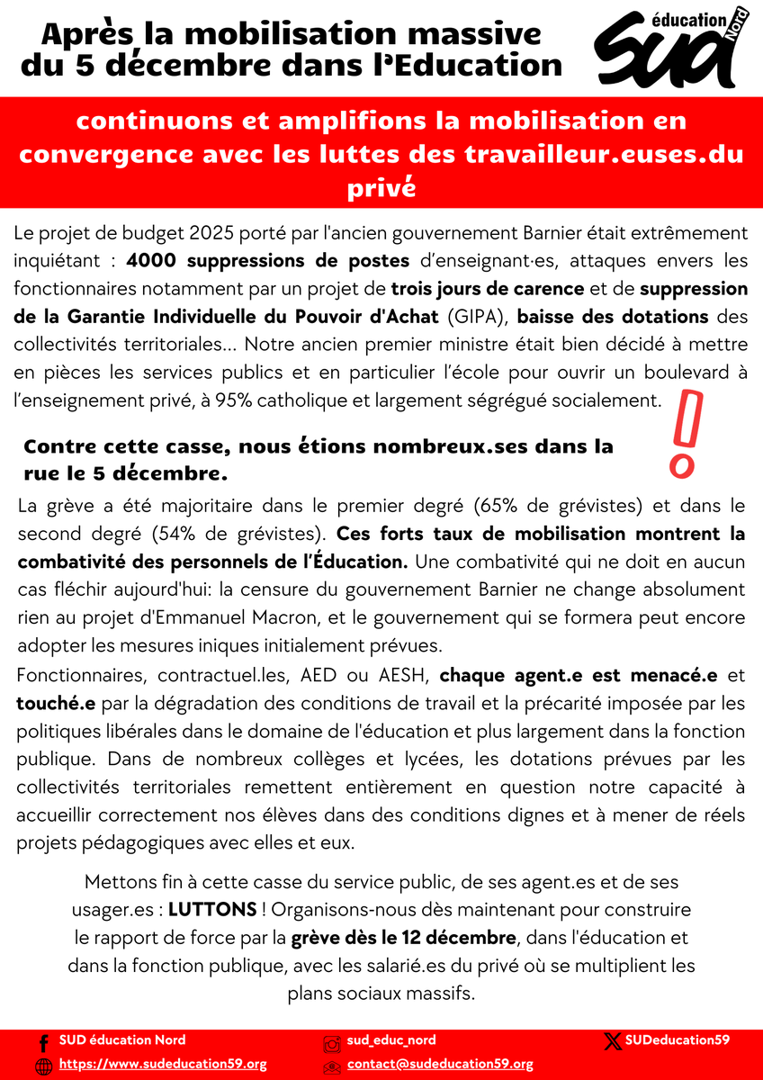 SUDeducation59's tweet photo. 📣 Communiqué : Après la mobilisation massive du 5 décembre dans l'Education continuons et amplifions la mobilisation en convergence avec les luttes des travailleur.euses du privé le 12 décembre à Porte de Paris à Lille. https://t.co/4WaMZ6uyhe