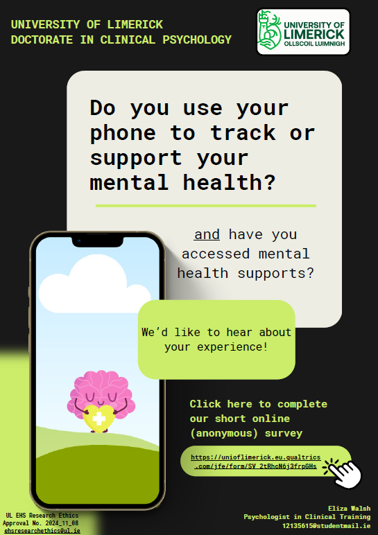 🧠📱 Are you 18+? Have you accessed mental health support and used apps to track/support your mental health? We want to hear from you! Take part in Clinical Trainee Eliza Walsh's study exploring experiences with mental health apps: 👉 unioflimerick.eu.qualtrics.com/jfe/form/SV_2t…