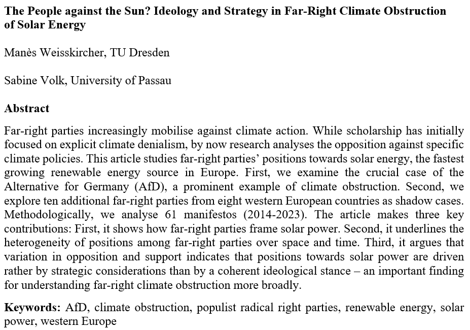 Manès Weisskircher (@manesweissk) on Twitter photo Glad to announce a forthcoming #REXKLIMA publication: "The People against the #Sun? Ideology and Strategy in Far-Right Climate Obstruction of Solar Energy" - together with none other than <a href="/SabineDVolk/">Sabine Volk</a> 📚
To be published in <a href="/Env_Pol/">Environmental Politics</a> in 2025. Stay tuned! 🌻 Glad to announce a forthcoming #REXKLIMA publication: "The People against the #Sun? Ideology and Strategy in Far-Right Climate Obstruction of Solar Energy" - together with none other than <a href="/SabineDVolk/">Sabine Volk</a> 📚
To be published in <a href="/Env_Pol/">Environmental Politics</a> in 2025. Stay tuned! 🌻