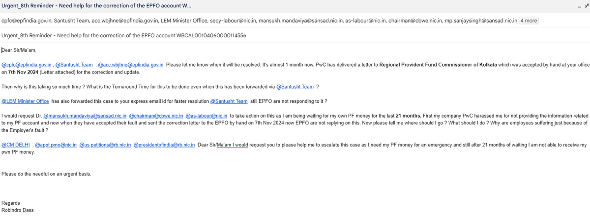 DassRobindro's tweet photo. @socialepfo Dear EPFO,

This is my 8th reminder and no one is bothering to reply. Is this what the EPFO is for ?

What is your Santusht team doing ? What is the use of making that team ? What TAT you follow ? 

@mansukhmandviya 
@LabourMinistry 
@ShobhaBJP 
@SumitaDawra 
@timesofindia https://t.co/RC5JVQmPhd