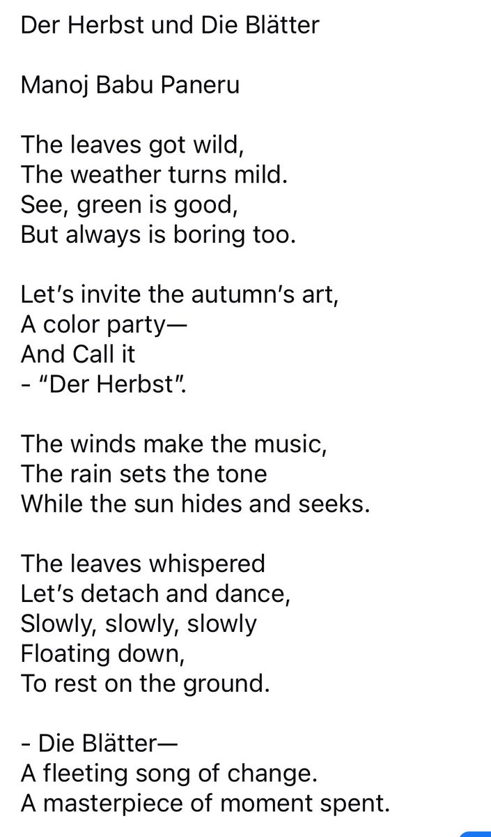 MBabumaparu's tweet photo. Der Herbst und Die Blätter

Manoj Babu Paneru

The leaves got wild,
The weather turns mild.
……. https://t.co/0Z3yO39WlN