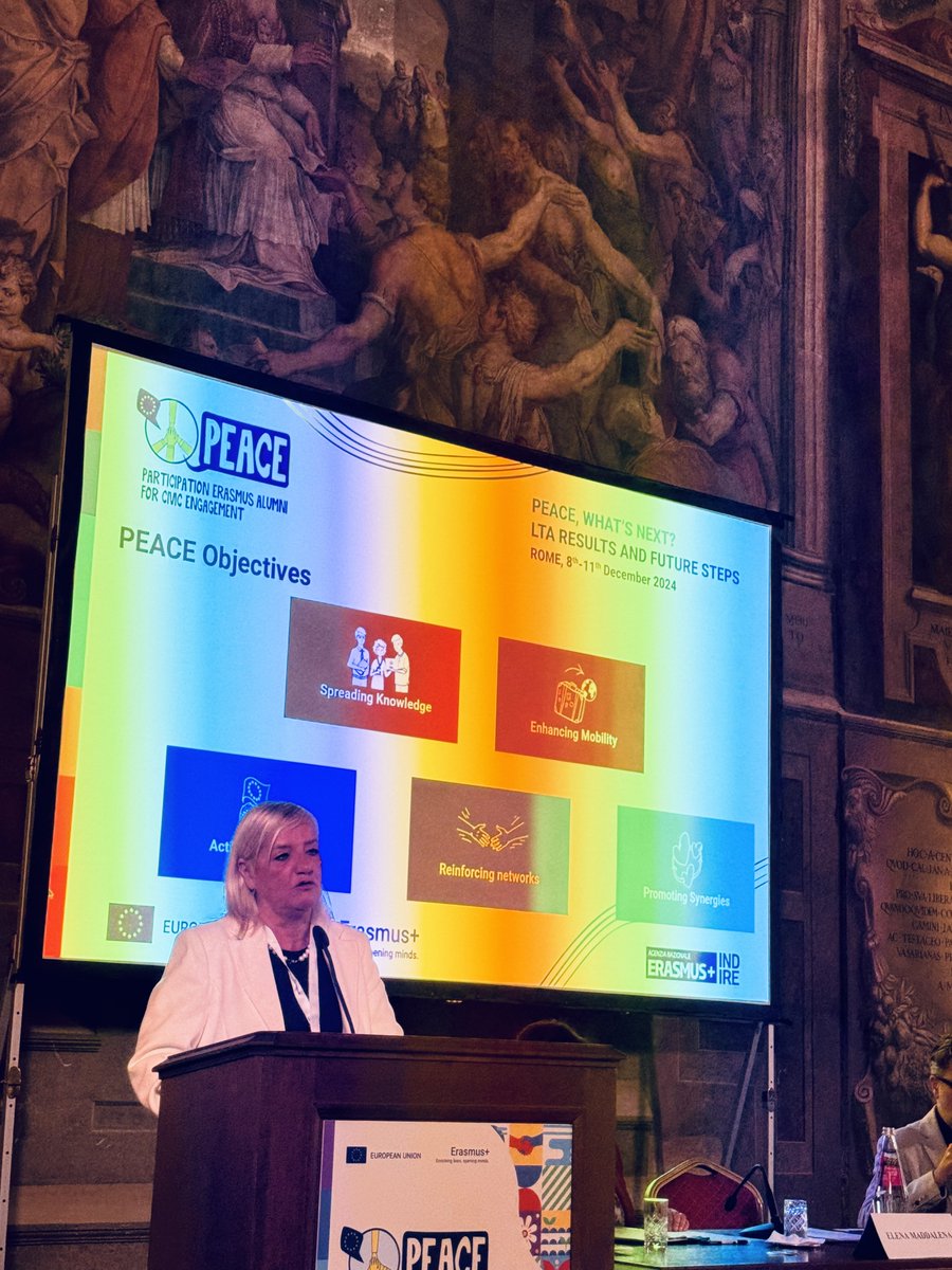 ErasmusPlusInd's tweet photo. The works of the international #ErasmusPEACE conference opened today in Rome with a speech by Sara Pagliai, Erasmus+ NA INDIRE Coordinator. Focus on the results achieved by the project and on the new 2025-27 phase on #EuValues and #CivicEngagement

#Erasmusplus https://t.co/hdEIhdHvCX
