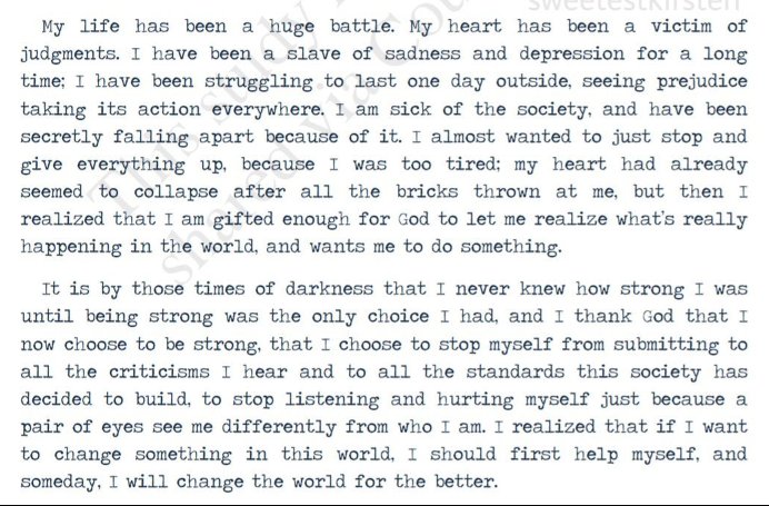 loveskittet_two's tweet photo. “I choose to stop myself from submitting to all the criticisms I hear and to all the standards this society has decided to build, to stop listening and hurting myself just because a pair of eyes see me differently from who I am”

dude, I really miss kisses delavin😭 https://t.co/nzTs7Wq1Zs