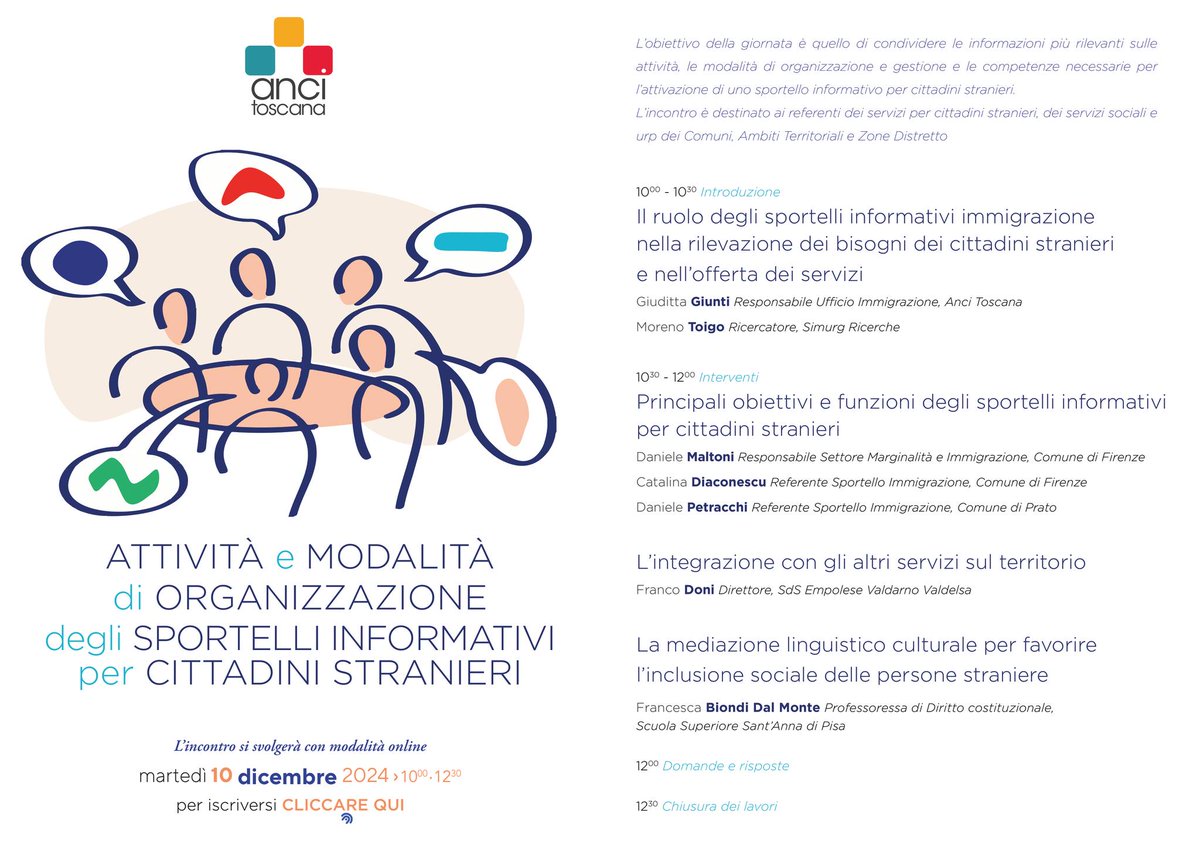 AnciToscana's tweet photo. Come attivare e organizzare uno sportello informativo per cittadini stranieri?

Domani 10 dicembre dalle 10.00 webinar per referenti dei servizi per cittadini stranieri, dei servizi sociali e urp di Comuni, Ambiti Territoriali e Zone Distretto
➡️Iscrizioni https://t.co/Fqk9oYKOgS https://t.co/Tus9QBf7uz