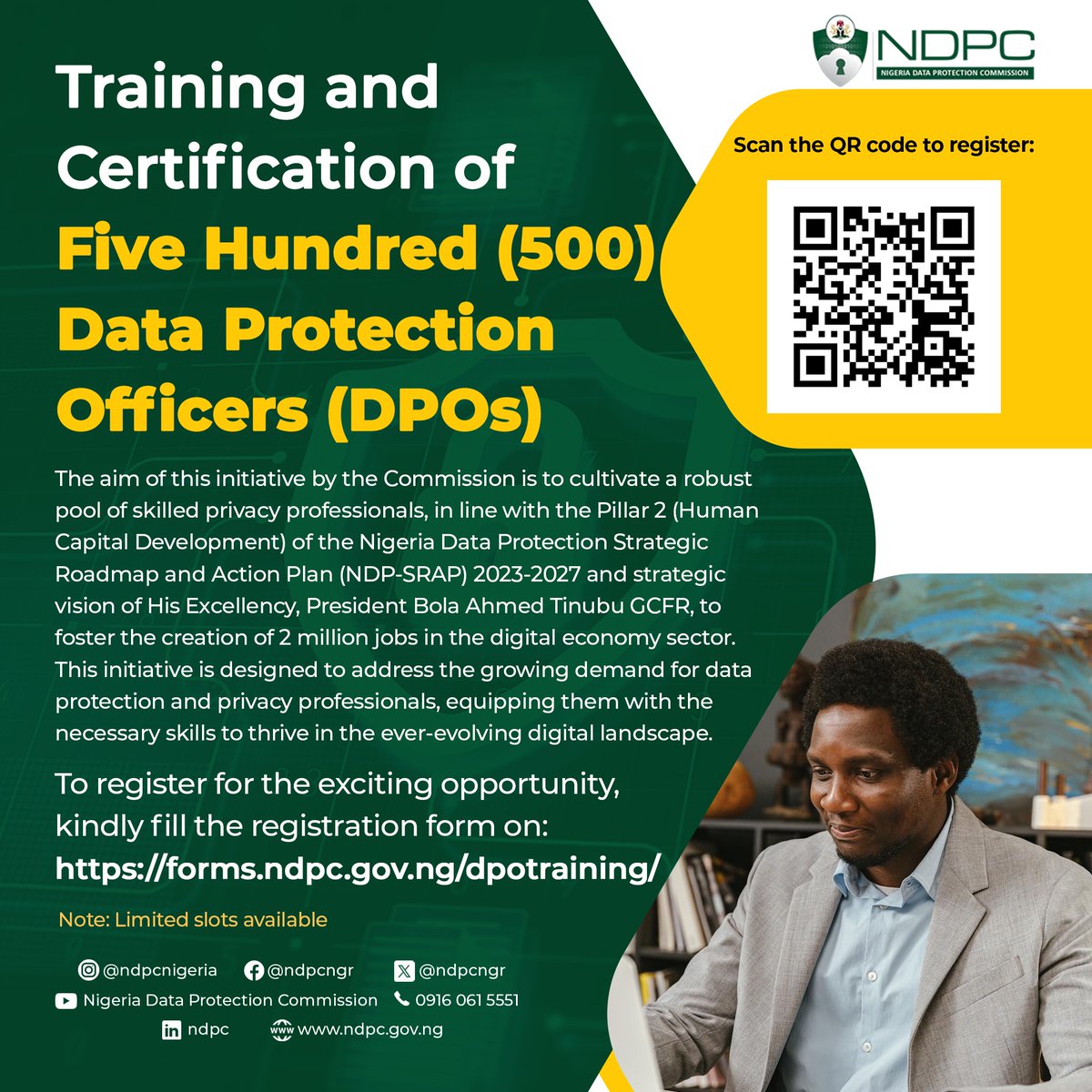 ndpcngr's tweet photo. NDPC Opens Registration for Data Protection Training and Certification.
Registration is now open for the first 500 applicants.
Registration link: https://t.co/0eX0mRztGF https://t.co/W7kiYNCY3a