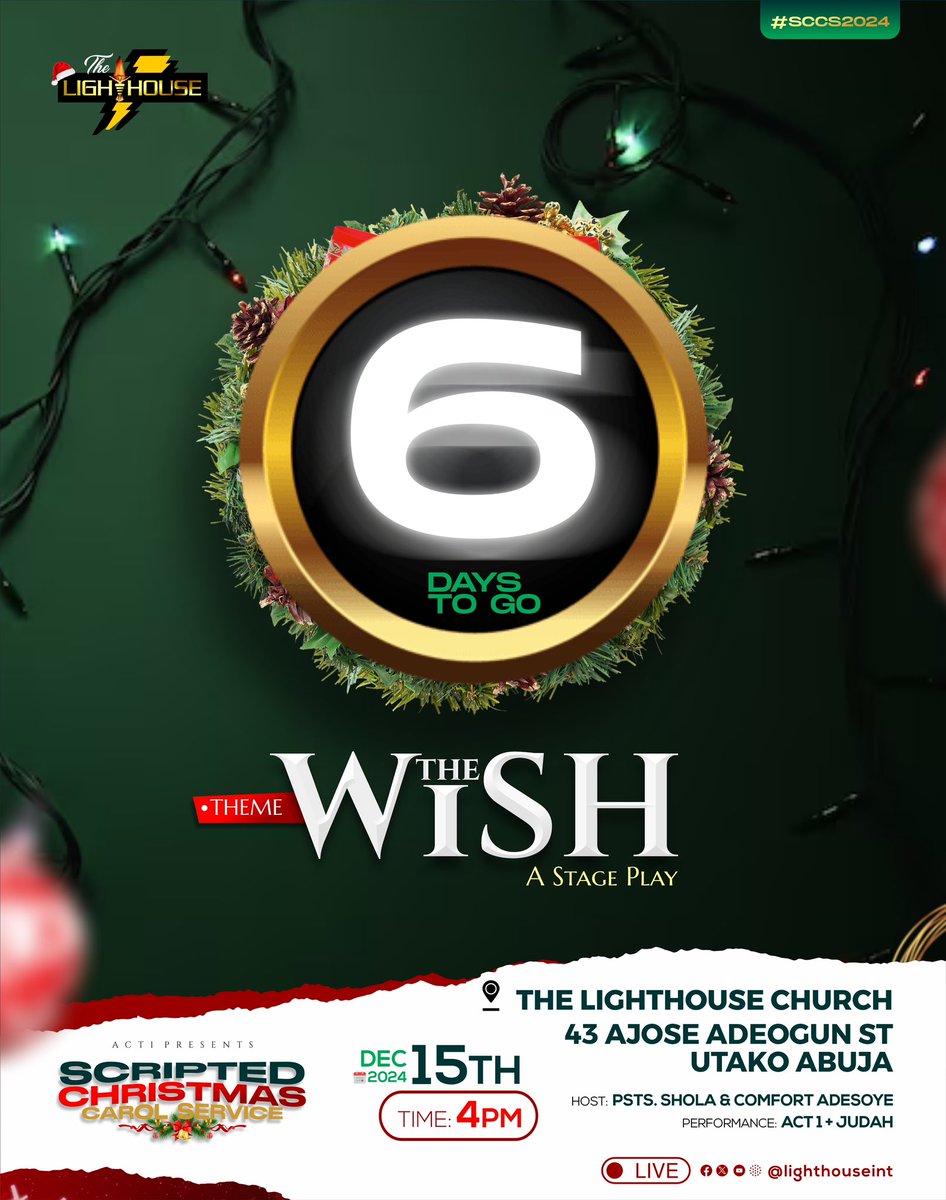 Lighthouseint's tweet photo. It’s 6 days to go!
Get ready for the Wish!
@act1.lha
#scriptedchristmas #iamlighthouse #Jesus #Christmas https://t.co/y44N9STjX6