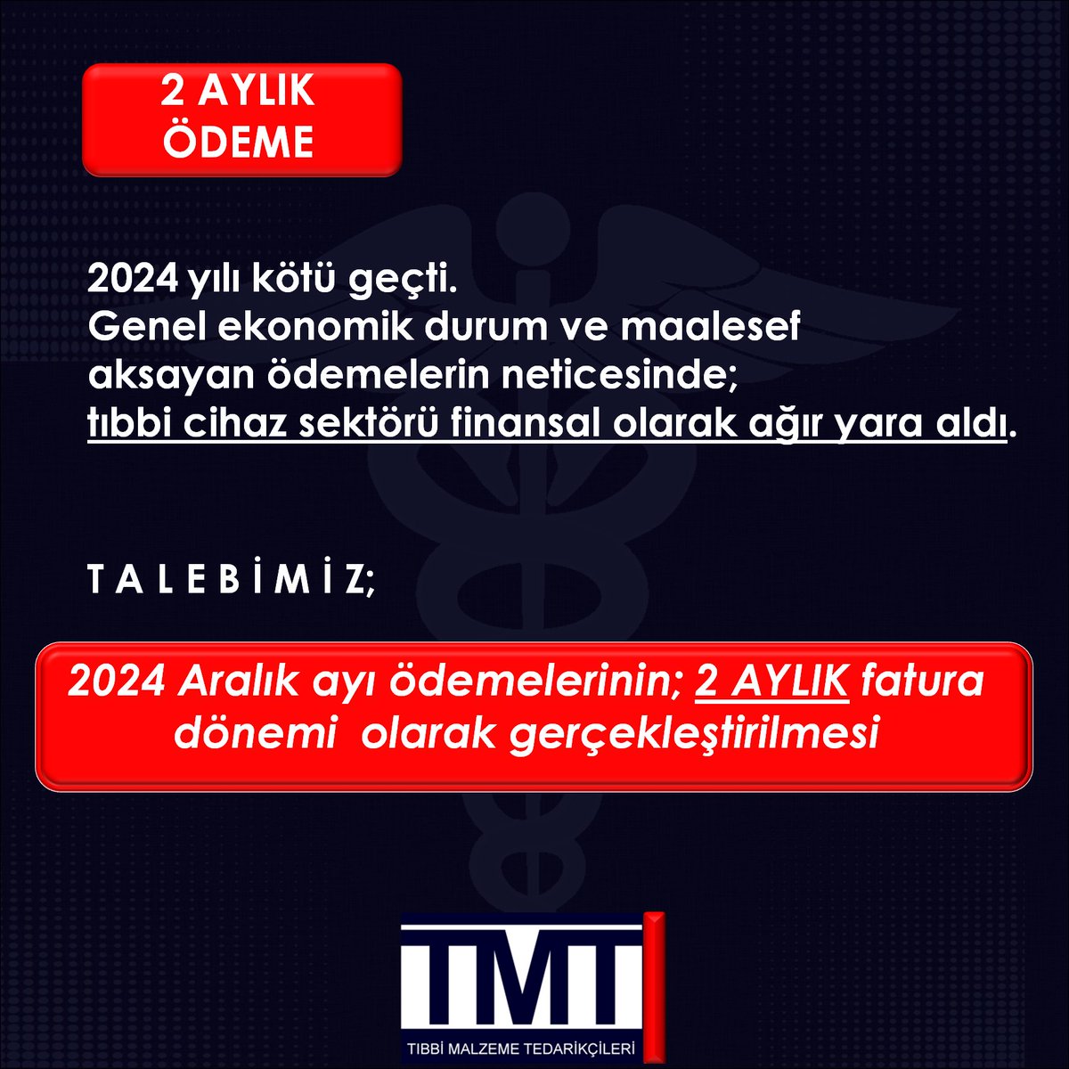 Sağlık Bakanlığı 
Strateji Geliştirme Başkanı 
Sn. Engin Karabaş dikkatine;

🔻 Genel ekonomik şartlar ve
🔻Aksayan ödemeler #TibbiCihaz sektörünü ağır yaraladı.
Talebimiz;
Söz verildiği üzere; 2 aylık ödeme.
 -🆃🅼🆃-
<a href="/cbsbb/">T.C. Cumhurbaşkanlığı Strateji ve Bütçe Başkanlığı</a> <a href="/drmemisoglu/">Prof. Dr. Kemal Memişoğlu</a> <a href="/memetsimsek/">Mehmet Simsek</a>
 <a href="/isikhanvedat/">Prof. Dr. Vedat Işıkhan</a>