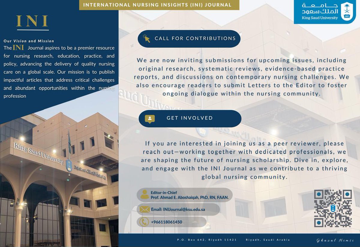 كرئيس التحرير، يسرني أن أقدم مجلة رؤى التمريض الدولية (INI)، التي تصدر بدعم من جامعة الملك سعود - كلية التمريض، وتُنشر بالتعاون مع #WoltersKluwer. منصة علمية محكمة تهدف إلى تطوير ممارسة التمريض عالميًا من خلال الأبحاث المبتكرة.

#مجلة_رؤى_التمريض_الدولية
#جامعة_الملك_سعود
