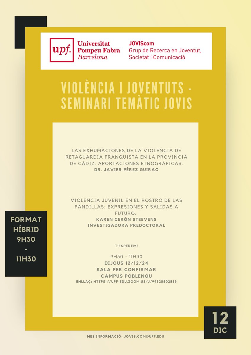 comunicacioUPF's tweet photo. @UPFBarcelona @merceoliva @rafael_pedraza @xramonv @TransferUPF @SdRecercaUPF @recercauniscat @POLCOMGRP_UPF @OCMDigiDoc @xarxavives @TecnoCampus @alumniUPF @carreresUPF @bibliocraiUPF @Sol_Videojoc @culturadigicat @oliperez80 @J_VilasisPamos @guersole @comparativecine @IvanPintorIran @AlbertElduque El grup de recerca @JOVIScom_UPF et convida al darrer seminari temàtic de l'any. Només has de fer clic per assistir-hi 👉 https://t.co/be05cT29aY
🗓️ 12/12/24
🕤 9.30 h
📌 Híbrid
#UPFCommResearch https://t.co/ICGdnzogOn