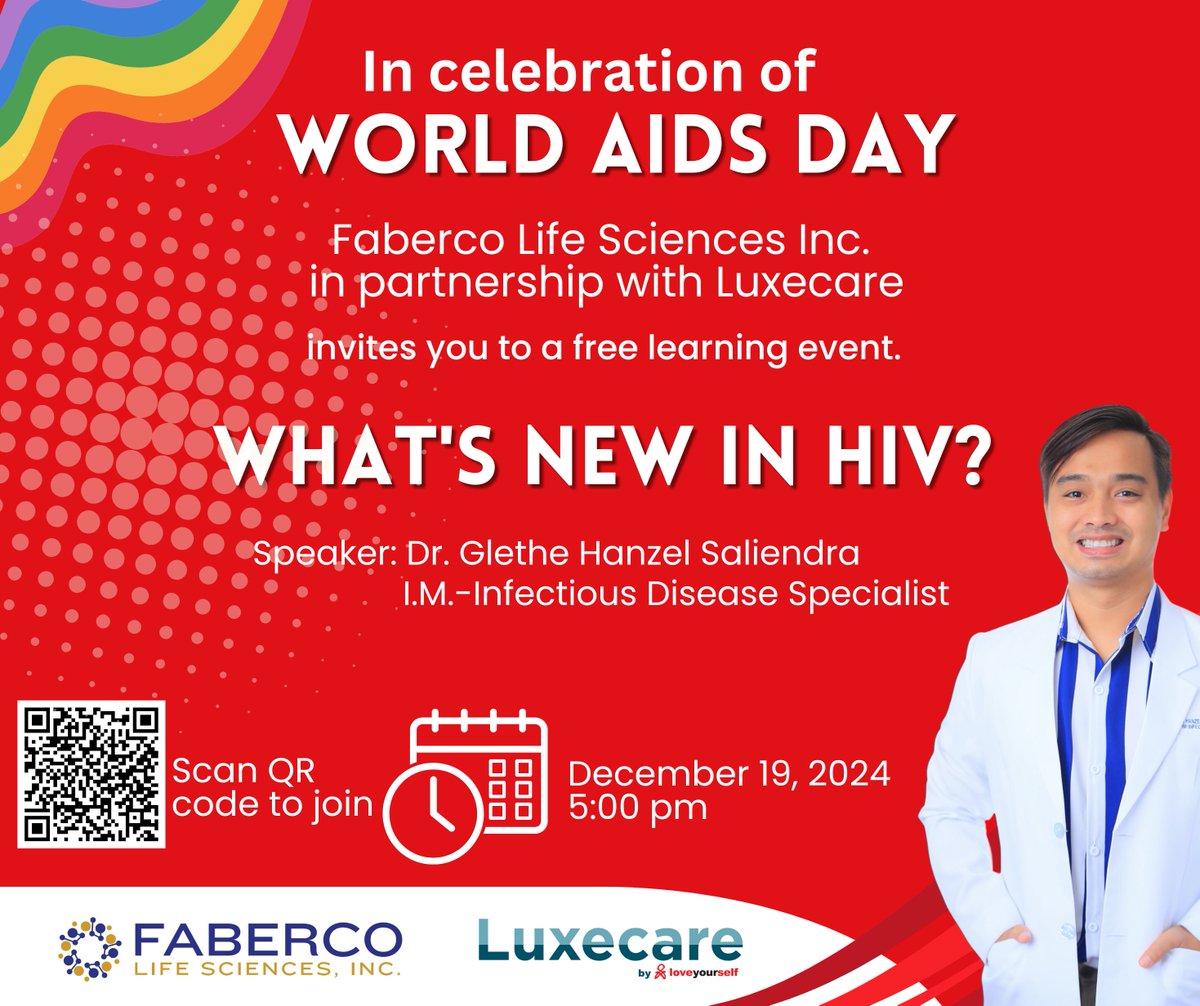 faberco's tweet photo. We are inviting everyone to join us in a livestream webinar on "What's New in HIV" and together, let's stay updated with the latest advancements, recommendations and treatment options.
Join via Zoom and Fb live!
Date: December 19, 2024
Time: 5 pm
Lucky participants will have the chance to win exciting prices. Stay tuned!