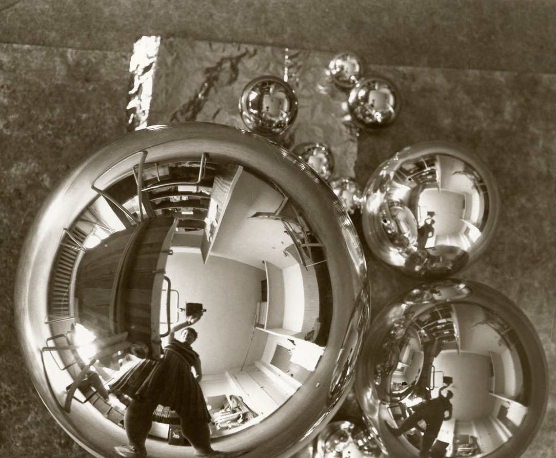 womensart1's tweet photo. Self-portrait reflected in a globe in the Bauhaus atelier,1928 by Marianne Brandt, head of the Bauhaus metal workshop #WomensArt https://t.co/GZ7KOfl9Te