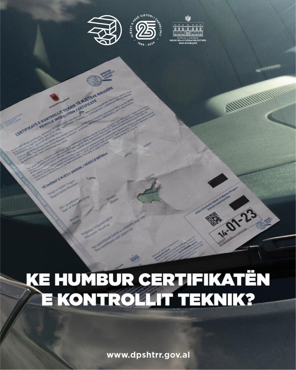 dpshtrr's tweet photo. Ke humbur çertifikatën e kontrollit teknik❓Ja çfarë duhet të bësh!  
🔸Paraqituni pranë çdo Qendre të Kontrollit Teknik, pa pasur nevojë për rezervim online.  
🔸 Dublikata lëshohet me të njëjtin afat si certifikata origjinale. https://t.co/Z8aal0X4nx