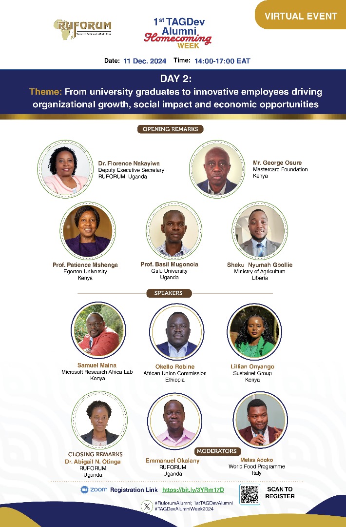 Join the <a href="/ruforumsec/">RUFORUM</a> family as we celebrate the inaugural homecoming of TAGDev 1.0 alumni! Let's take this first step towards building a vibrant and connected alumni network 
<a href="/TAGDevEgerton/">TAGDev 2.0 Program</a>
<a href="/MastercardFdn/">Mastercard Foundation</a> 
<a href="/egertonunikenya/">Egerton University</a> 

Join us on zoom
bit.ly/3YRm17D
