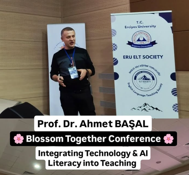 Ahmet__Basal's tweet photo. The "ELT Professional Development Workshops" have concluded. Honored to have been invited to engage with third-year English teaching students from Kayseri, Kahramanmaraş, Niğde, Adana, Nevşehir, Aksaray, Sivas, Yozgat, and Malatya. A big thank you to @erdemakbas_dr  and his wonderful team at @EruELTSociety and supported by UNIDES for organizing this wonderful event! I delivered a session on integrating technology and AI literacy into English language teaching, offering innovative strategies and practical examples that illustrate how technology and AI can help language learners with "human-teacher touch".