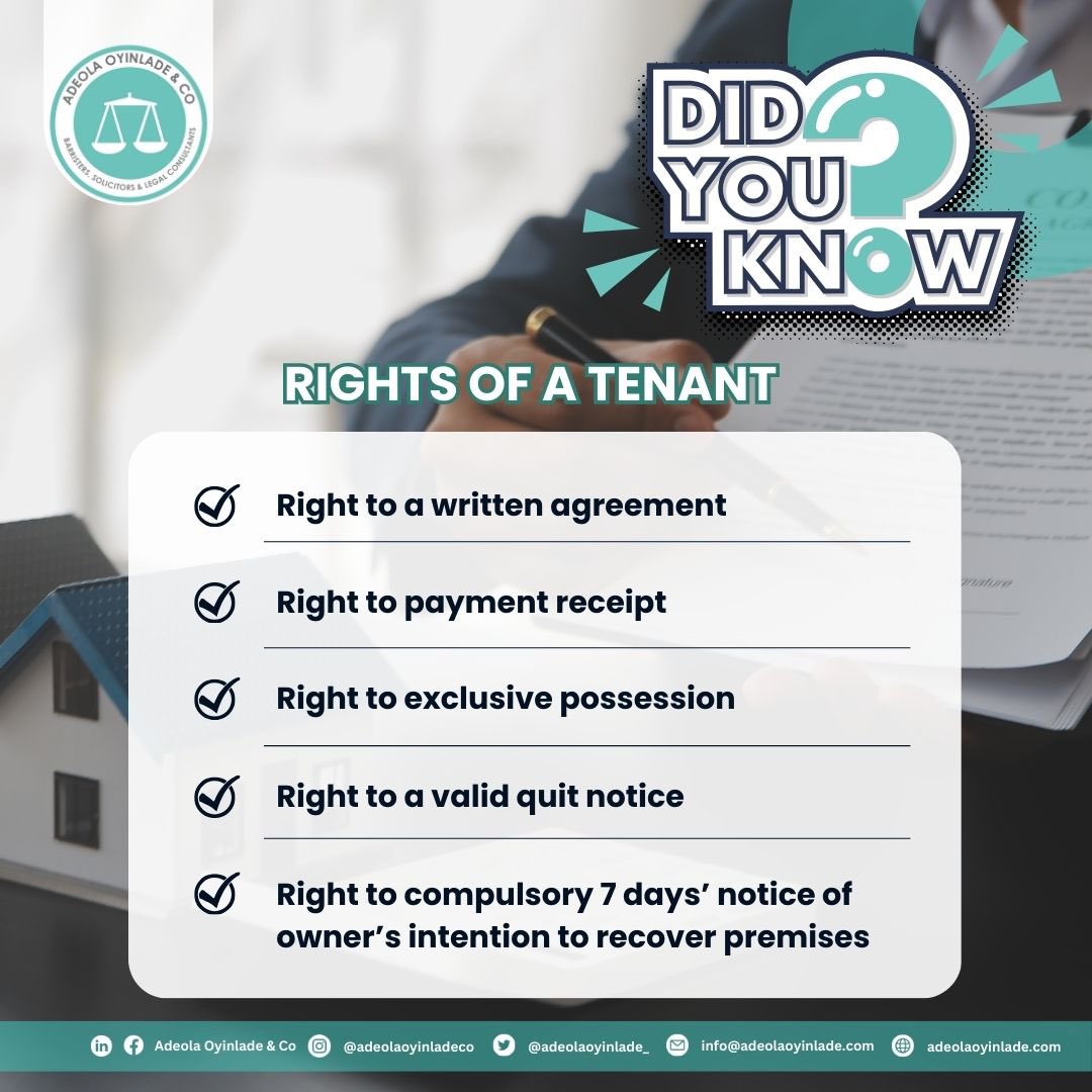 adeolaoyinlade_'s tweet photo. Tenancy is regulated by the tenancy law of each state in Nigeria, which defines the rights, duties, privileges, powers, and remedies available to both tenants and landlords.

It is important for parties in a tenancy agreement to understand their rights and responsibilities to create a fair and harmonious environment.

For details on the rights of a tenant, visit: https://t.co/sJRGa8e1QL

#TenancyLaw #LandlordRights #TenantRights #LegalAdvice #NigeriaLaw #PropertyLaw #LagosTenancyLaw #RentAgreement #LandlordAndTenant #AdeolaOyinladeandCo