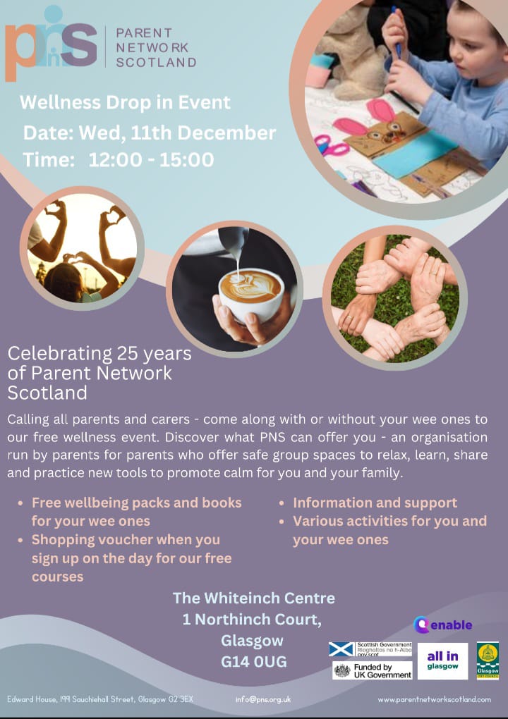Pns are delighted to invite you to our free drop-in #wellness event. Come along to find out more and receive a thank you voucher when you register on the day. We look forward to welcoming you on Wed 11th Dec 12-3 <a href="/whiteinchcentre/">The Whiteinch Centre</a> <a href="/GCParentsGroup/">Glasgow City Parents Group (GCPG)</a> <a href="/OPFS/">One Parent Families Scotland</a> @HomeStartGNNL <a href="/PEEK_SCOT/">PEEK - Possibilities for Each and Every Kid</a>