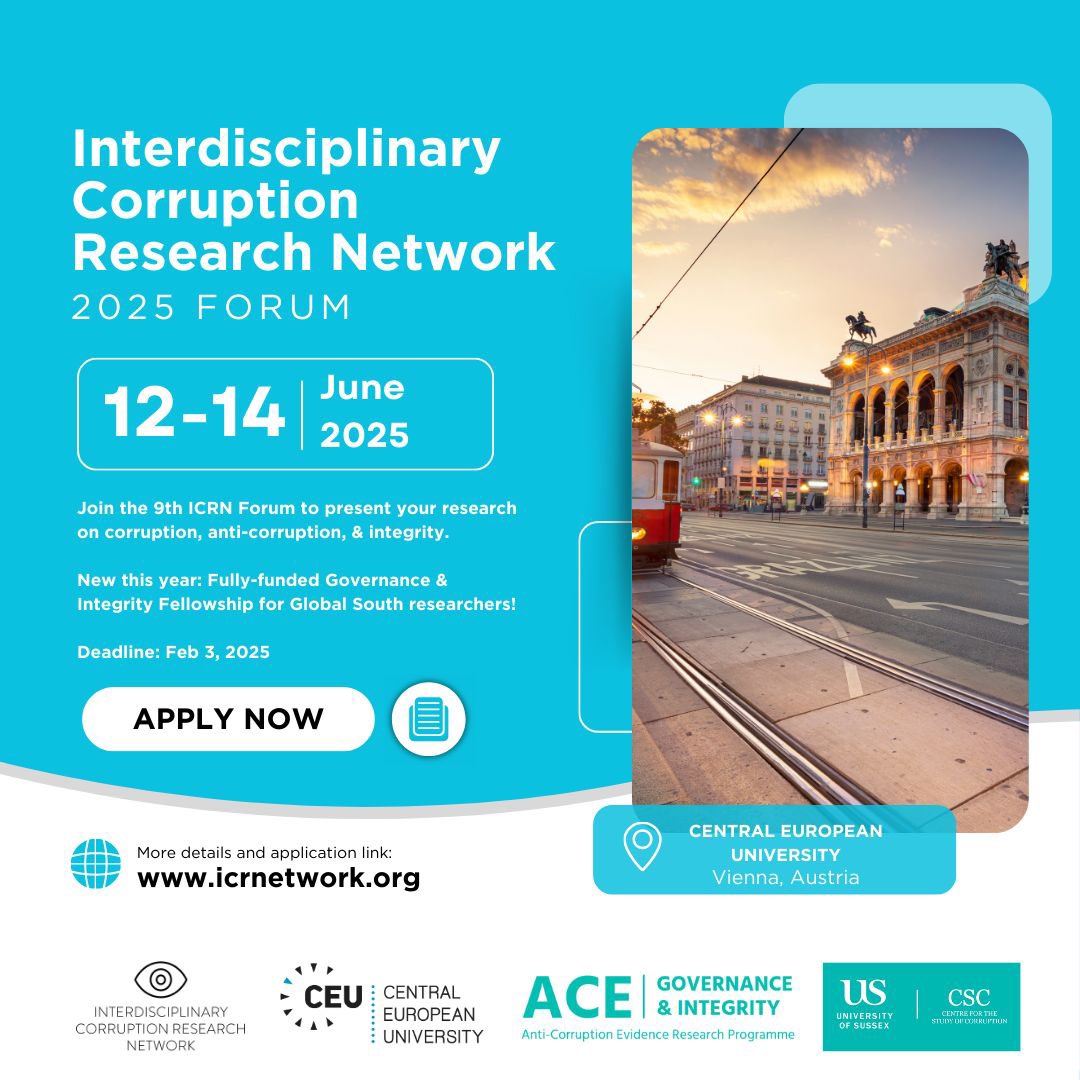 Irene Tello Arista (@itelloarista) on Twitter photo Join the 9th <a href="/ICR_Network/">ICRN</a> Forum (June 12-14, <a href="/ceu/">Central European University</a>) to present your research on corruption, anti-corruption, & integrity.
🌍 New this year: Fully-funded Governance & Integrity Fellowship for Global South researchers!
icrnetwork.org/what-we-do/con…
#InternationalAntiCorruptionDay Join the 9th <a href="/ICR_Network/">ICRN</a> Forum (June 12-14, <a href="/ceu/">Central European University</a>) to present your research on corruption, anti-corruption, & integrity.
🌍 New this year: Fully-funded Governance & Integrity Fellowship for Global South researchers!
icrnetwork.org/what-we-do/con…
#InternationalAntiCorruptionDay