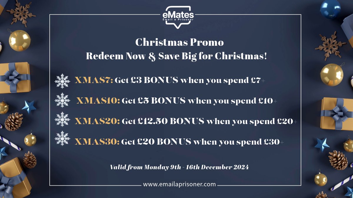 PrisonTechnolog's tweet photo. ✨ Stay Connected This Christmas! ✨
Redeem our Christmas Promo Codes & enjoy bonuses:
❄️ XMAS7: £3 BONUS on £7+
❄️ XMAS10: £5 BONUS on £10+
❄️ XMAS20: £12.50 BONUS on £20+
❄️ XMAS30: £20 BONUS on £30+
Valid 9th-16th Dec 2024.
👉 https://t.co/ncUWwa10rO
#StayConnected https://t.co/EB1PeKX661