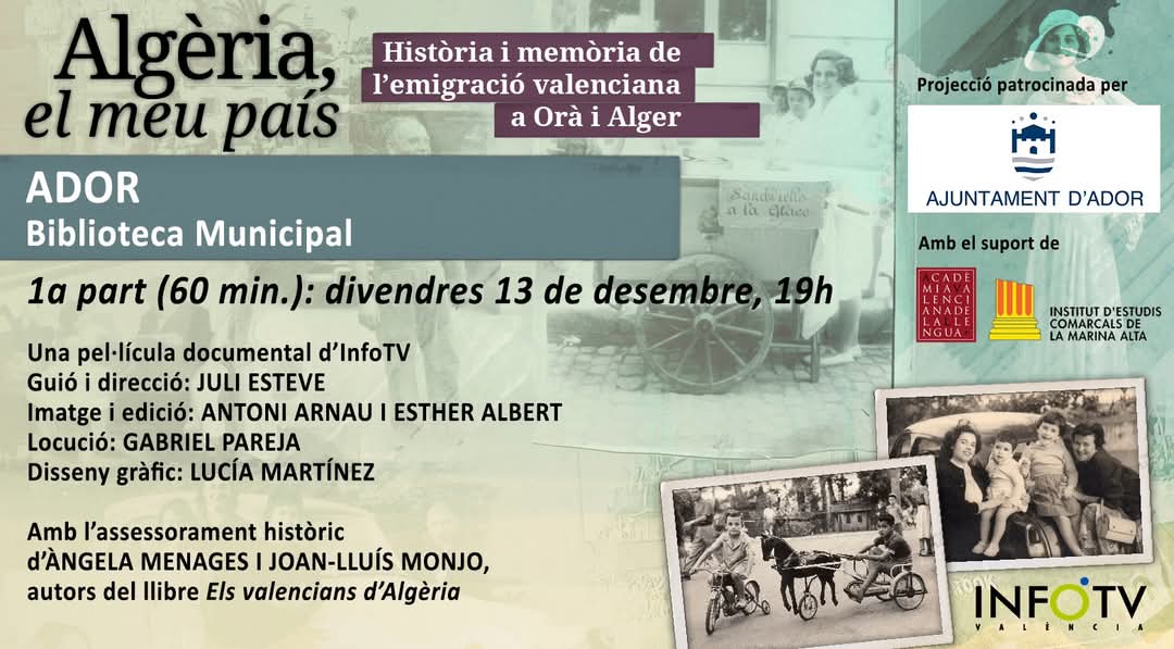 Esta setmana tanquem l'any quant a projeccions de documentals. Dijous i divendres clourem a Calp el cicle de memòria històrica que la Macma ha organitzat amb els instituts de la comarca. I també divendres mostrarem a Ador la primera part d'Algèria, el meu país. Benvinguts sigueu!
