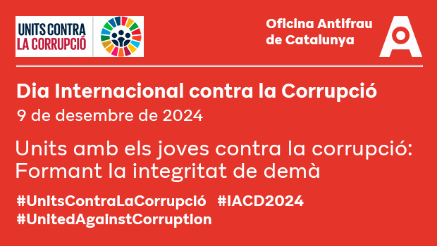 antifraucat's tweet photo. 📢 Avui, Dia Internacional Contra la Corrupció, reafirmem el compromís de construir una societat més íntegra i transparent

👉 Units amb els joves contra la corrupció: Formant la integritat de demà👇
ℹ️https://t.co/02A1Q5NAQk
 #UnitsContraLaCorrupció #UnitedAgainstCorruption https://t.co/3xL0sbXMOx