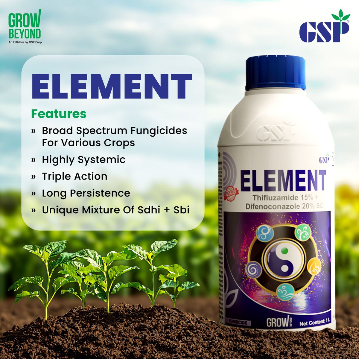 GspCrop's tweet photo. GSP's newest addition, Element is a broad spectrum fungicide which keeps away Sheath Blight, Brown Spot, False Smut, Grain Discoloration, Powdery Mildew, etc. With triple action and highly systemic approach, Element can be effective at any stage of crop diseases.

#GSPCrop #GrowBeyond #cropprotection #farming #agriculture #Element #EmpoweringFarmers