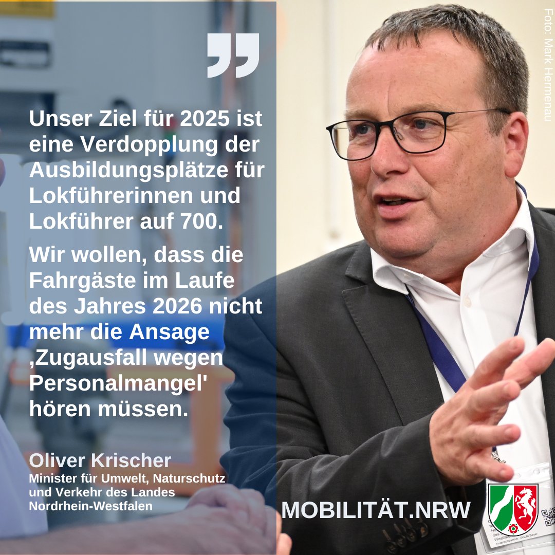 Der #Fachkräftemangel ist derzeit eines der größten Probleme für den #ÖPNV. Minister <a href="/Oliver_Krischer/">Oliver Krischer</a>: "Wir haben eine #Beschäftigungsoffensive für den ÖPNV gestartet, die in diesem Jahr schon 350 zusätzliche Personen zu Lokführerinnen und Lokführern ausgebildet hat." (1/3)