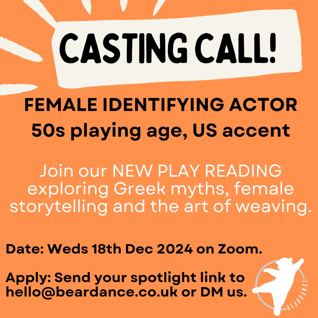 BeardanceTC's tweet photo. 🎉A final casting call for female, 50s casting of our new play reading! 🎉

Our character is caring, intelligent and protective. Apply via email on hello@beardance.co.uk or send a DM with your spotlight!

#casting #newplay #theatre #actors #female #opportunity #acting https://t.co/URn5N4fMv8