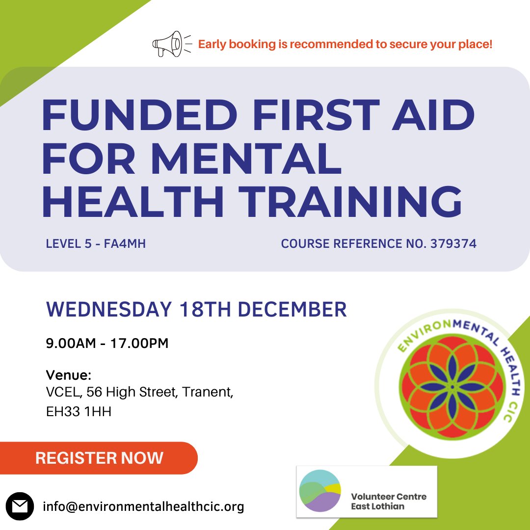 We're offering funded spaces for Community Practitioners &amp; Volunteers in East Lothian! 🧠

Learn to identify mental health conditions, manage stress, and create a positive mental health culture. 

📧 info@environmentalhealthcic.org

#fa4mh #firstaidformentalhealth