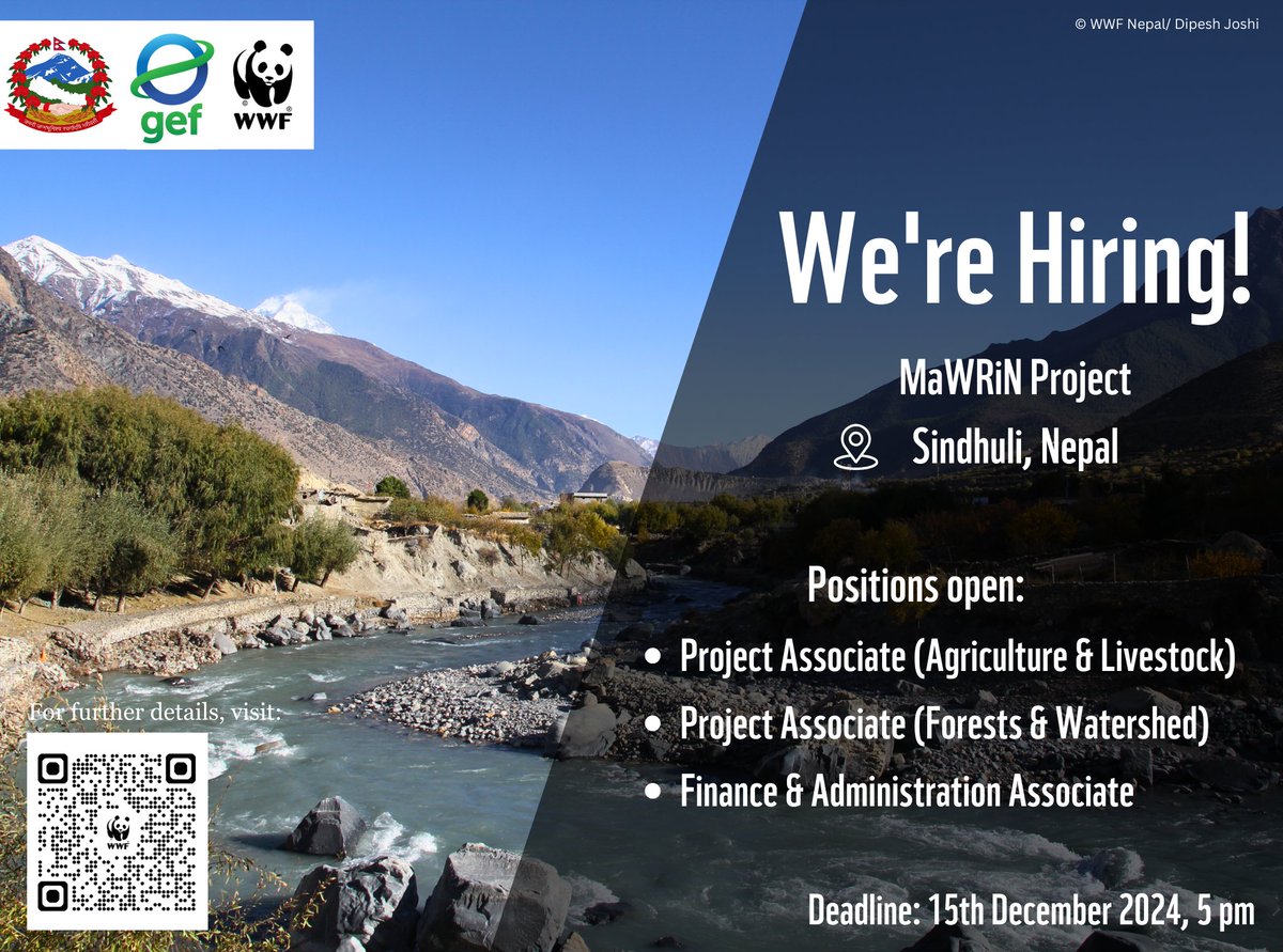 Exciting opportunity for passionate environmental conservationists!  

WWF Nepal is announcing vacancies for the MaWRiN Project funded by the GEF managed LDCF led by the Government of Nepal. 
Location: Sindhuli, Nepal  

Apply now: careers.smartrecruiters.com/WorldWildlifeF…
