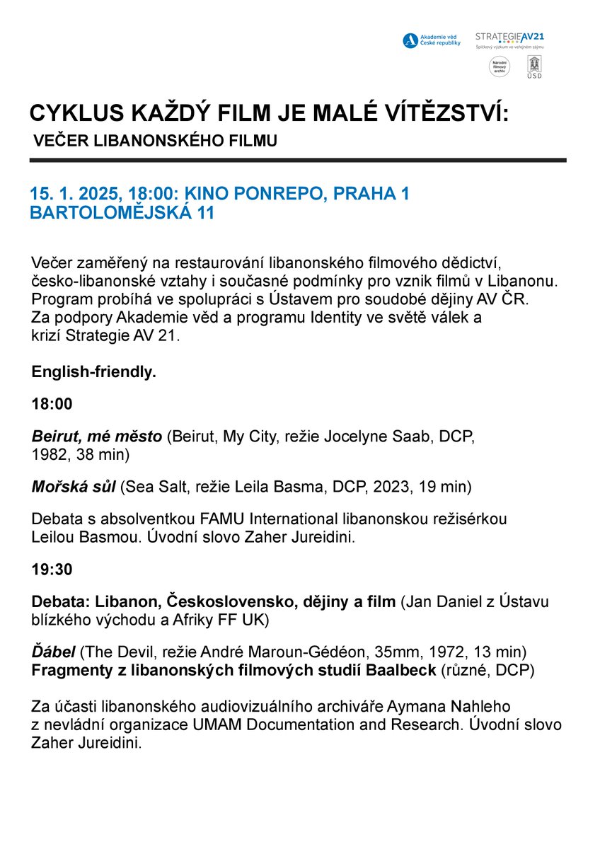USD_AV_CR's tweet photo. 📽️ Ve středu 15. ledna 2025 proběhne od 18:00 v kině Ponrepo večer zaměřený na restaurování libanonského filmového dědictví, česko-libanonské vztahy i současné podmínky pro vznik filmů v Libanonu.

Více informací naleznete v přiložené pozvánce nebo na ➡️ https://t.co/JDolhE7M64. https://t.co/0wMTETVY1X