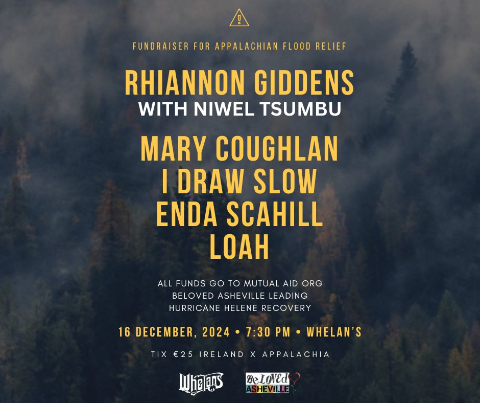 Erin Fornoff (@jarsofshine) on Twitter photo One week from today!! Join us at <a href="/whelanslive/">Whelan's</a> to raise money for Hurricane Helene relief with Beloved Asheville. Featuring <a href="/RhiannonGiddens/">Rhiannon Giddens</a> <a href="/mary_coughlan4/">Mary Coughlan</a> <a href="/NiwelTsumbu/">Niwel Tsumbu</a> <a href="/musicbyloah/">Loah</a> <a href="/EndaScahill/">E N D A ⦿ S C A H I L L</a> <a href="/idrawslow/">idrawslow</a>. 16 Dec, 7:30 pm whelanslive.com/event/hurrican… One week from today!! Join us at <a href="/whelanslive/">Whelan's</a> to raise money for Hurricane Helene relief with Beloved Asheville. Featuring <a href="/RhiannonGiddens/">Rhiannon Giddens</a> <a href="/mary_coughlan4/">Mary Coughlan</a> <a href="/NiwelTsumbu/">Niwel Tsumbu</a> <a href="/musicbyloah/">Loah</a> <a href="/EndaScahill/">E N D A ⦿ S C A H I L L</a> <a href="/idrawslow/">idrawslow</a>. 16 Dec, 7:30 pm whelanslive.com/event/hurrican…