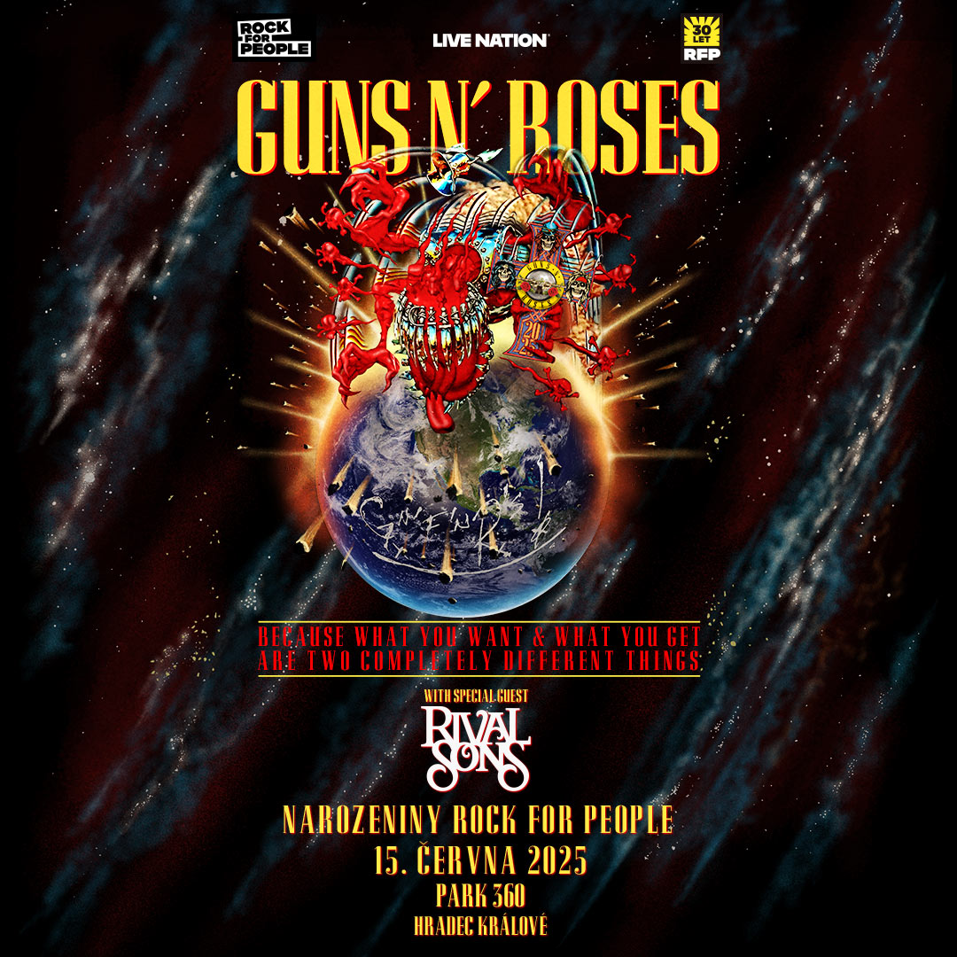 Guns N’ Roses: Narozeninový den <a href="/rockforpeople/">Rock for People</a> 
15. 6. 2025 – Park 360, Hradec Králové  
Legendární <a href="/gunsnroses/">Guns N' Roses</a> se stanou hlavní hvězdou přidaného Narozeninového dne po festivalu Rock for People, který se letos koná u příležitosti jeho 30. výročí > bit.ly/3ONNQcg