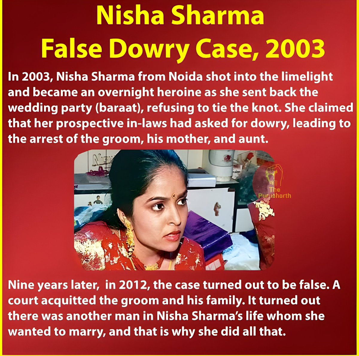 She cancelled the wedding and filed a fake dowry case against the groom.

> She was praised by the media  
> Her case was in school books as an example
> The groom was beaten in jail  
> His mother lost her job  
> He lost all respect in society  
> The case was in court for 9