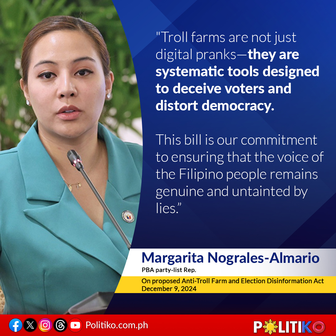 Politiko_Ph's tweet photo. Newlyweds PBA party-list Rep. Margarita Nograles-Almario and Davao Oriental Rep. Cheeno Miguel Almario have jointly introduced a measure seeking to criminalize troll farms and disinformation campaigns.

READ: https://t.co/NgBE66g2v5 https://t.co/zSu6vjhC03