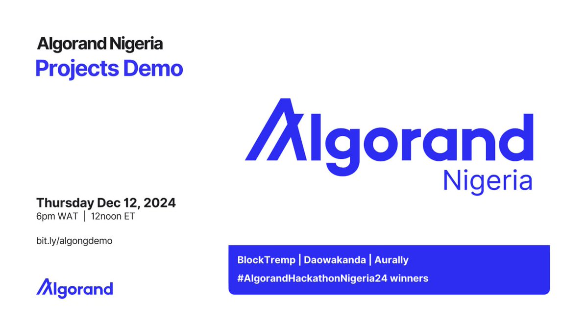 📅 Mark your calendars!

Join us for the #AlgorandNigeria Projects Demo to learn more about @BlockTremp, @Daowakanda, and @Aurally, who have been building since the #BuildABull Hackathon 2023!

We’ll also unveil our newly minted projects from the #AlgorandHackathonNigeria24

 🗓
