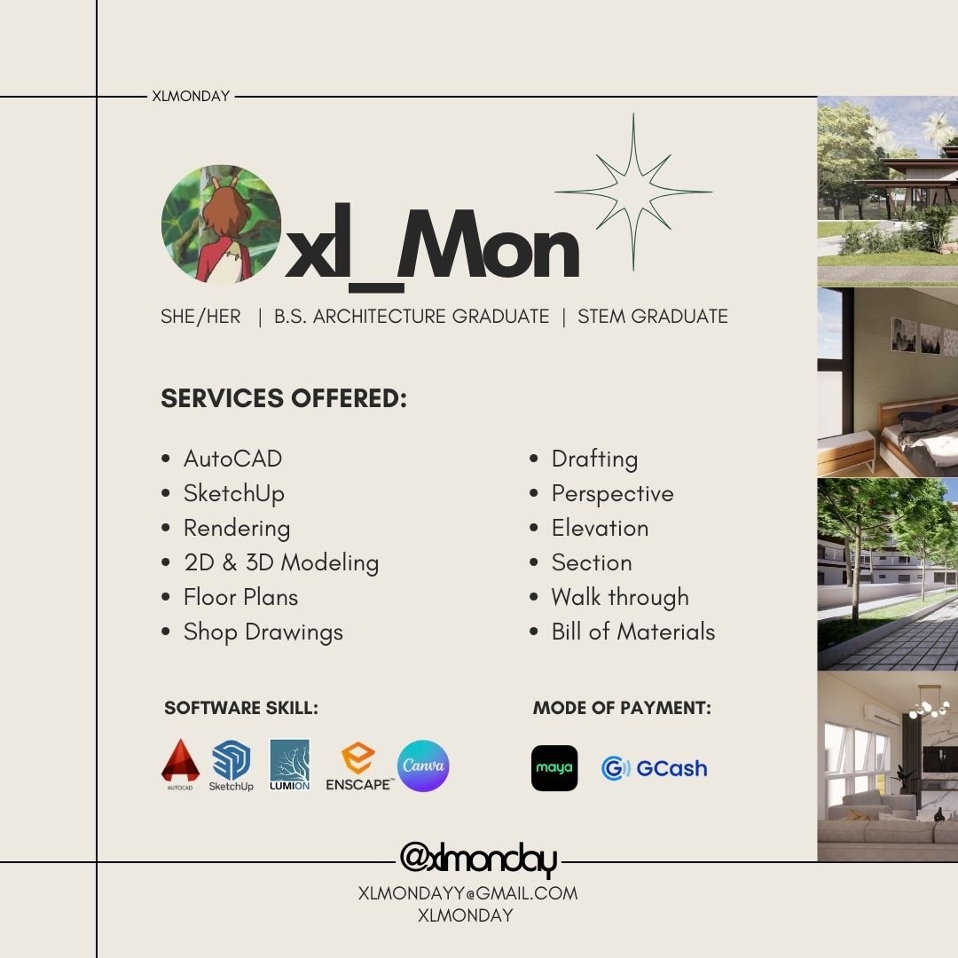 xlmonday's tweet photo. Open for Rush and Non-Rush Archi Comms! ✨

I’m now accepting architectural projects and would love to work with you. DM me for inquiries—I look forward to collaborating on your vision!⛅️

🏷️AutoCAD SketchUp Rendering 2D &amp; 3D Modeling Drafting Bill of Materials Budget-friendly https://t.co/XTbeVtQWKu