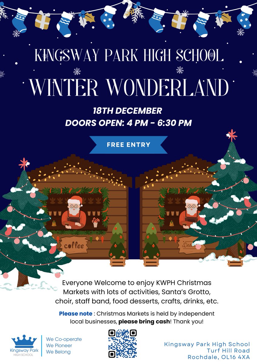 Kingsway Park High School is hosting Winter Wonderland on the 18th December 4pm - 6:30pm. Everyone is welcome, we will see you soon! Get your free tickets on the QR code or the link cutt.ly/ReCcWTtk