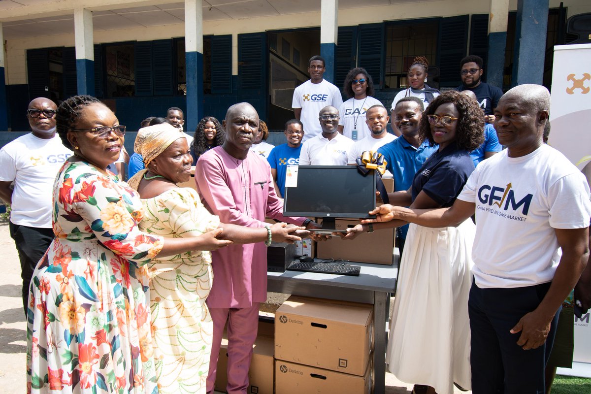 gstockexchange's tweet photo. The @gstockexchange (GSE) reaffirmed its commitment to education and community development by refurbishing the ICT Centre at Nii Amugi Cluster of Schools and donating desktop computers to enhance digital literacy among students. https://t.co/xQ0Qw5ZFLv