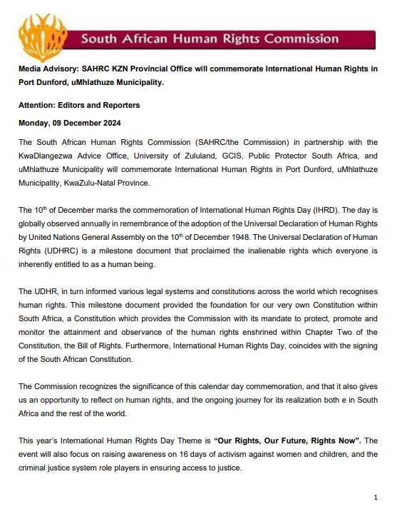SAHRCommission's tweet photo. Media Advisory: SAHRC KZN Provincial Office will commemorate International Human Rights in Port Dunford, uMhlathuze Municipality https://t.co/18I8ChofPC https://t.co/Oxtmn3ZosM