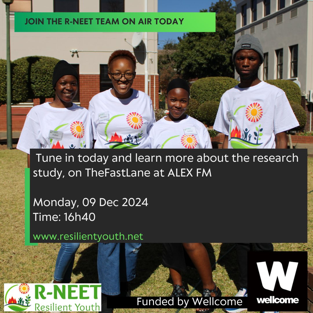 Tune in to ALEX FM this afternoon to learn more about the R-NEET research study! 
Join us in making a difference and participating in the first African study on Youth Resilience to Depression.
#RNEET
#WeWantYou