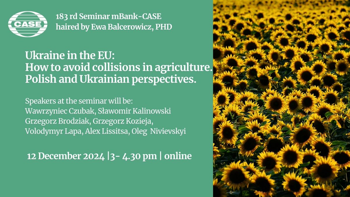 183rd Seminar mBank-CASE is coming soon! <a href="/Skalinskalin/">Sławomir Kalinowski</a> <a href="/GKozieja/">Grzegorz Kozieja</a> <a href="/drlissitsa/">Alex Lissitsa</a> <a href="/oniviev1/">Oleg Nivievskyi</a> about #Ukraine #Agriculture  in #UE in Polish and Ukrainian perspective
Link to register ⬇️