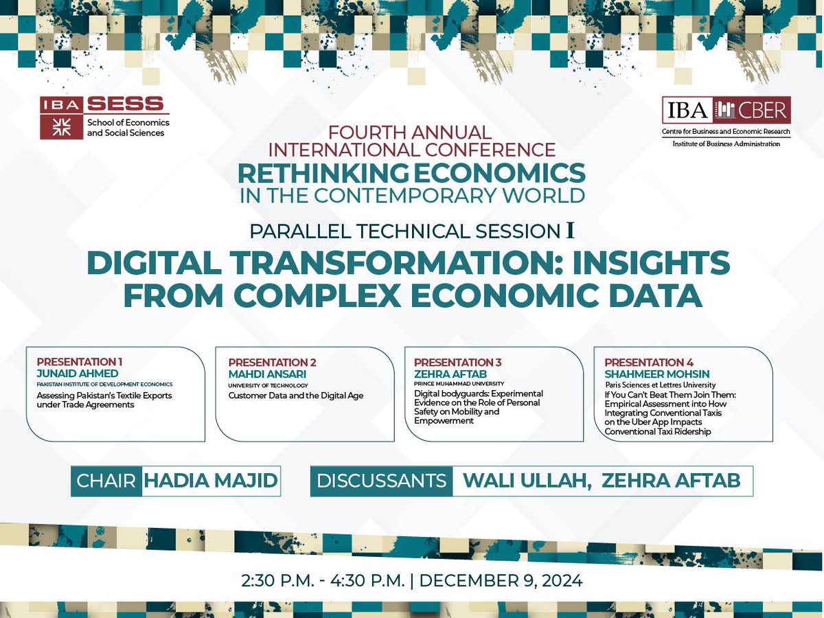 javeria_younas's tweet image. Excited for the parallel technical sessions at Rethinking Economics in the Contemporary World! 
So many fascinating topics to explore. Which session are you attending? 🤔 #CBERCON24 #ParallelSessions