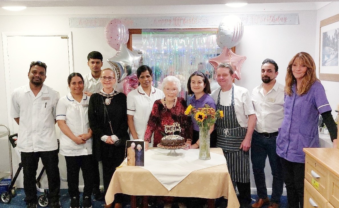 The Mayor was delighted to surprise local resident Dora at Crossways Residential Care Home for her 100th birthday with her family &amp; the dedicated caring staff.  Singing &amp; dancing, tea &amp; cakes &amp; Dora proudly displayed her card from the King &amp; Queen <a href="/RoyalFamily/">The Royal Family</a> #HappyBirthday Dora