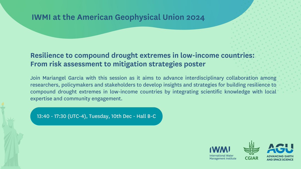 IWMI (@iwmi_) on Twitter photo Tomorrow, on Day 2 of <a href="/theAGU/">AGU (American Geophysical Union)</a>'s #AGU24, IWMI is set to drive water and climate solutions:
🛰️ Remote sensing & machine learning for water cycles
🌱 GHG emission mitigation in land sectors
💧 Drought resilience strategies
Join us onsite/online: on.cgiar.org/49dyhUP #AGU24 Tomorrow, on Day 2 of <a href="/theAGU/">AGU (American Geophysical Union)</a>'s #AGU24, IWMI is set to drive water and climate solutions:
🛰️ Remote sensing & machine learning for water cycles
🌱 GHG emission mitigation in land sectors
💧 Drought resilience strategies
Join us onsite/online: on.cgiar.org/49dyhUP #AGU24