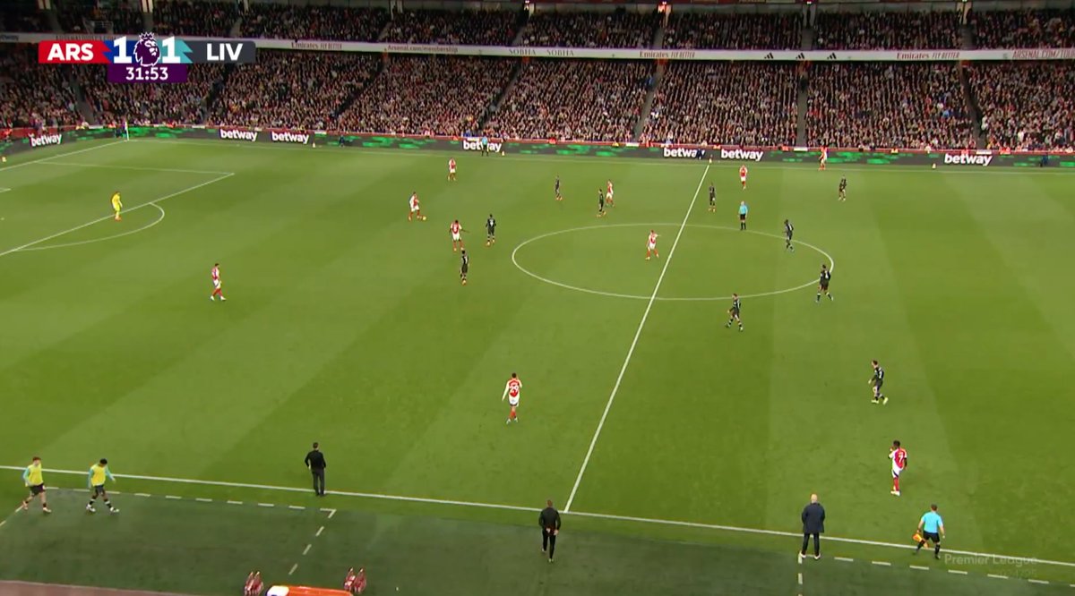 Ruxiiii4's tweet image. Man City, Bayer Leverkusen, and Arsenal all used a similar approach to counter Liverpool's 4-2-4 defensive setup.

In a 3-2-3-2 structure, the two midfielders move wide, pulling Liverpool's central forwards apart and opening space to progress through the middle. (1/2)