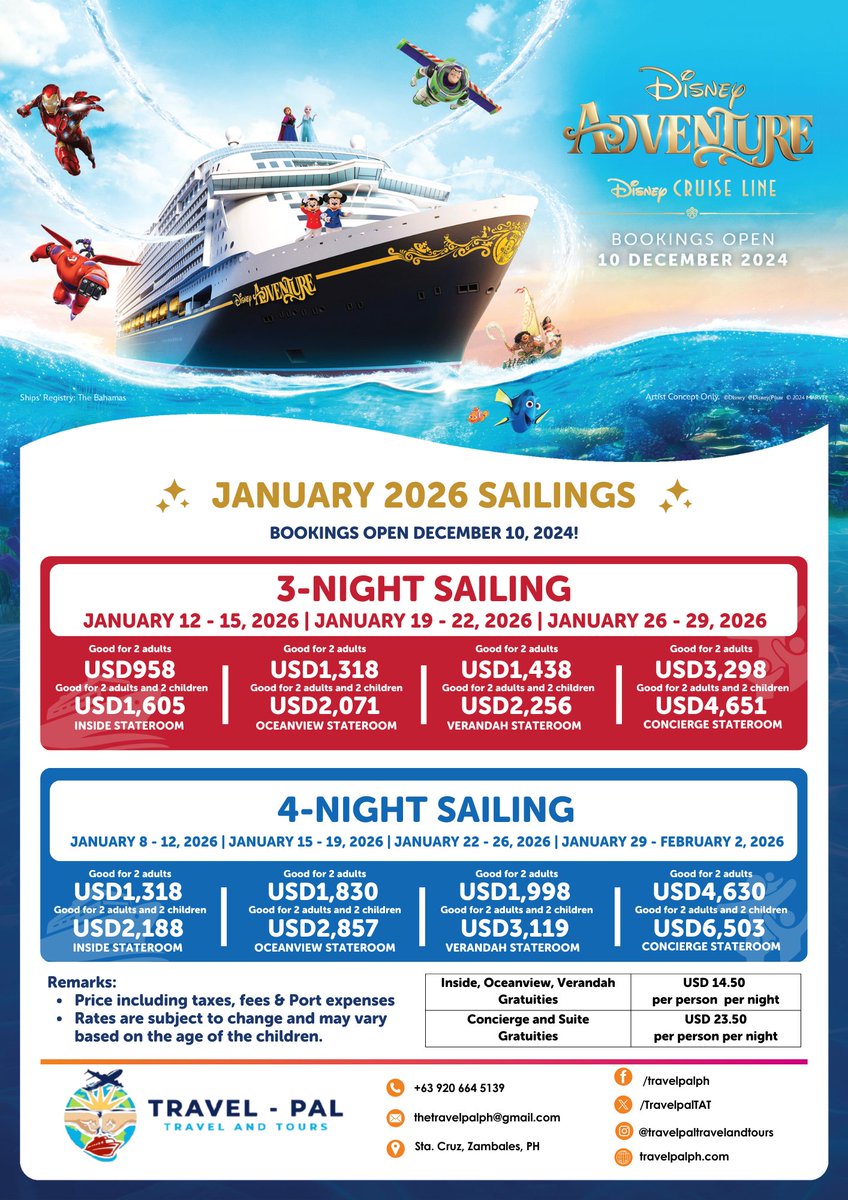 TravelpalTAT's tweet photo. Get ready for a magical voyage! Book your Disney Cruises Singapore sailing now!
+63 920 664 5139 | thetravelpalph@gmail.com https://t.co/ARrP0wO162