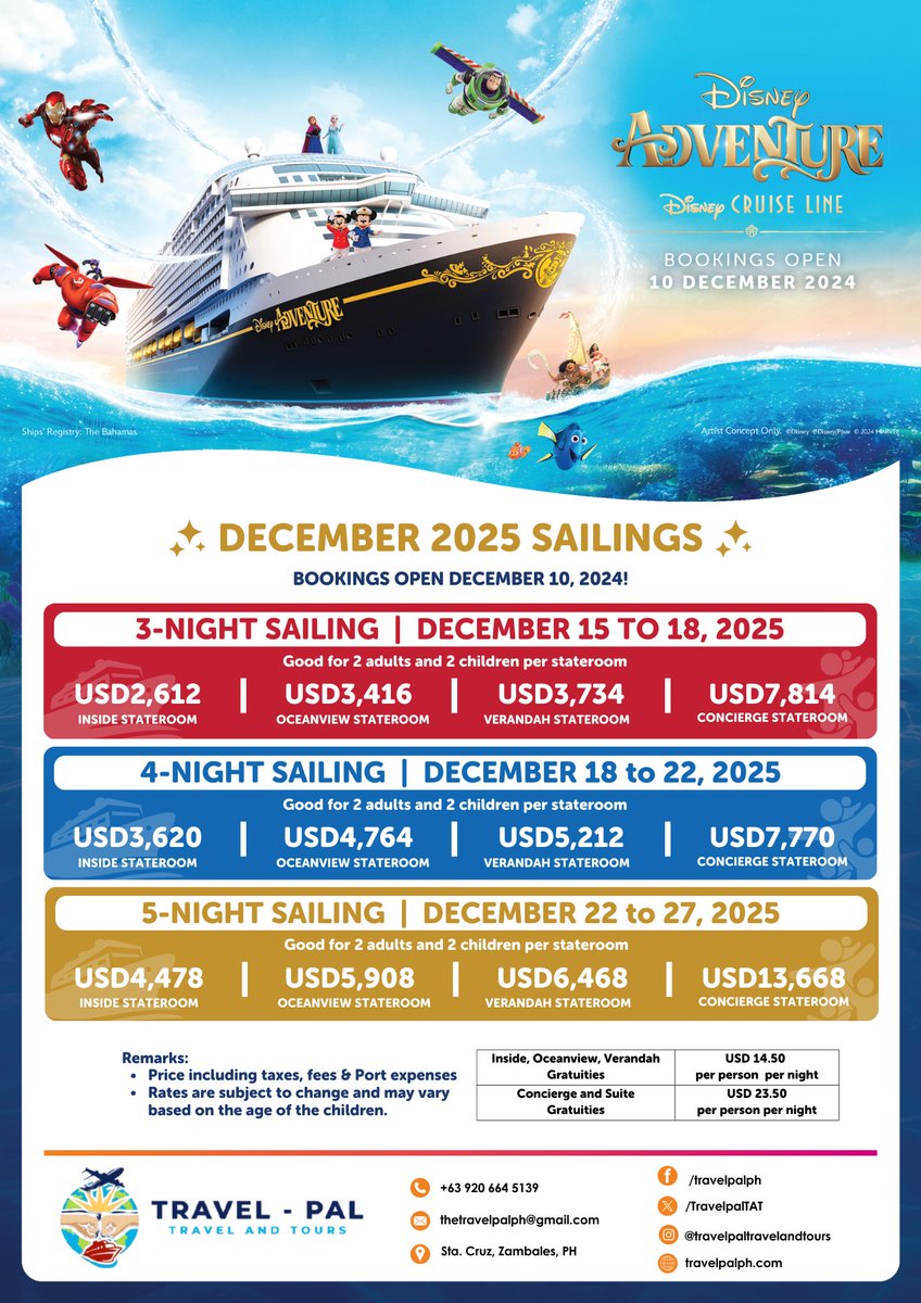TravelpalTAT's tweet photo. Get ready for a magical voyage! Book your Disney Cruises Singapore sailing now!
+63 920 664 5139 | thetravelpalph@gmail.com https://t.co/ARrP0wO162