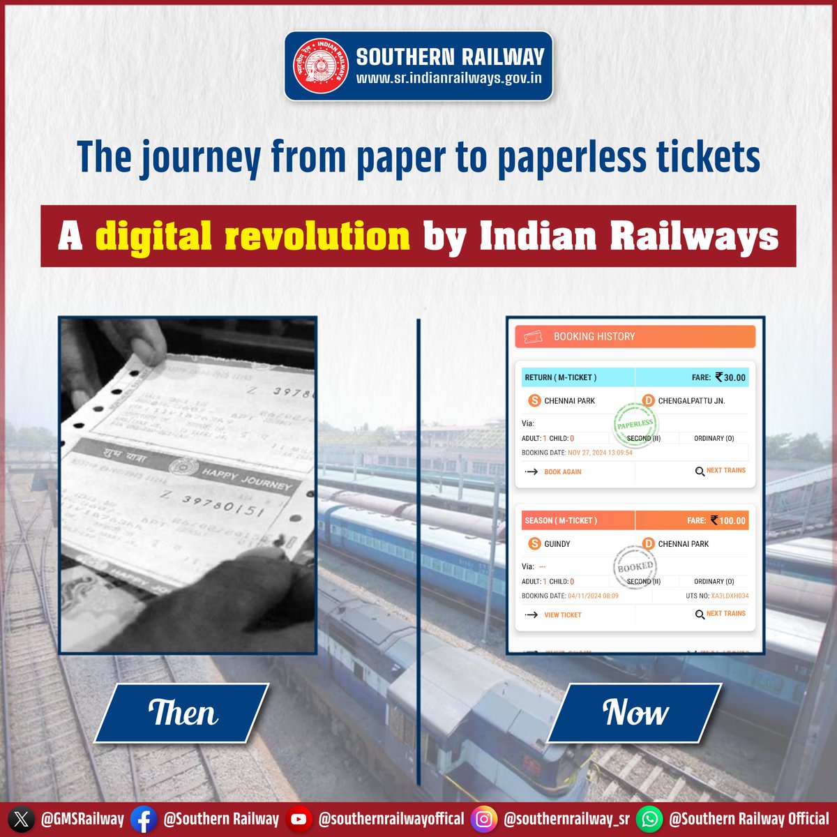 GMSRailway's tweet photo. From queues to clicks โ Indian Railways' leap into the digital era! ๐๐ฑ
#PaperlessTickets #DigitalRevolutionย #IndianRailways #southernrailway https://t.co/fDSmLurlWc