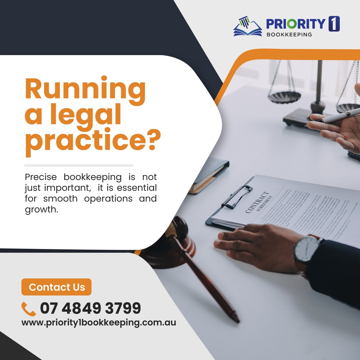Running a legal practice?
Precise bookkeeping isn’t just important – it’s essential for smooth operations and growth.
Partner with Priority1 Bookkeeping today to learn more
📞 07 4849 3799
🌐 priority1bookkeeping.com.au
 #leagalfirm #ProfessionalBookkeeping
#LegalBookkeeping